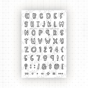 May include: A white sheet with black outlined letters, numbers, and symbols. The alphabet is displayed in uppercase, along with numbers 0-9 and various punctuation marks. The text "TUBBLE ALPHA | ST50042 | TOREY RAMOS DESIGNS" is also present.