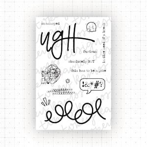 May include: A white sticker sheet with black text and illustrations. Phrases include "ugh," "so annoyed," "furious," and "my brain right now." Other graphics include a sad face, a speech bubble with symbols, and a scribble.