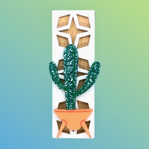Cactus Brooch. Star Breeze Blocks Brooch. Acrylic & Bamboo Brooch. Orange Sputnik planter pot. Mid Century Modern. Palm Springs Style. Retro
