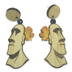 Tiki Moai Earrings, Bamboo & Acrylic Tiki Earrings, Orange Hibiscus Flower, MCM Style, Tiki Bar Exotica, Hawaiian 1950’s Tiki Style. Maui.