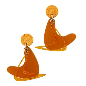 Mid Century Modern Boomerang Earrings: Orange Sparkle Acrylic, Atomic Style