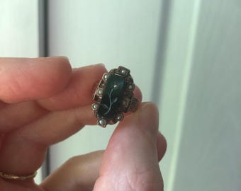 Antiker 9k Onyx und Samenperle Trauerring