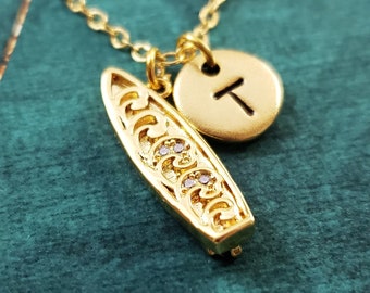 Surfboard Necklace Surfing Necklace Surfing Jewelry Beach Jewelry Rhinestone Charm Personalized Initial Pendant Women's Jewelry Surfer Gift