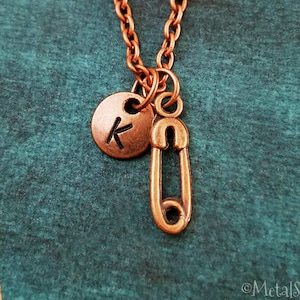 Safety Pin Necklace Safety Pin Jewelry VERY SMALL Safety Pin Charm Safety Pin Pendant Necklace Copper Necklace Personalized Initial Necklace