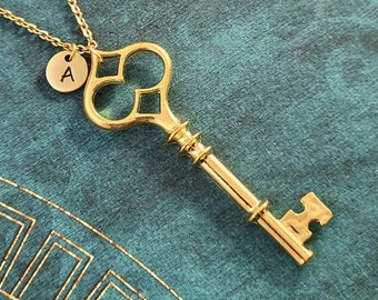 Key Necklace Key Charm Necklace Skeleton Key Jewelry Victorian Key Pendant Necklace Steampunk Jewelry Personalized Initial Necklace Gift