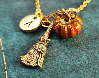 Pumpkin Necklace Witch Neckalce Broom Necklace Halloween Necklace Halloween Jewelry Charm Necklace Pendant Necklace Initial Pumpkin Jewelry