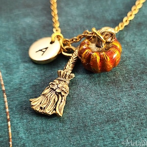 Pumpkin Necklace Witch Neckalce Broom Necklace Halloween Necklace Halloween Jewelry Charm Necklace Pendant Necklace Initial Pumpkin Jewelry