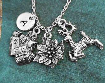 Reindeer Necklace Christmas Jewelry Present Necklace Poinsettia Necklace Stocking Stuffer Charm Necklace Personalized Pendant Necklace Gift