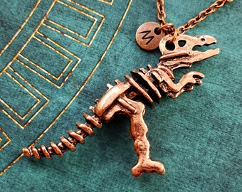 Dinosaur Necklace Copper Charm Necklace T-rex Necklace Fossil Dinosaur Bones Pendant Personalized Initial Tyrannosaurus Jewelry Gift for Her