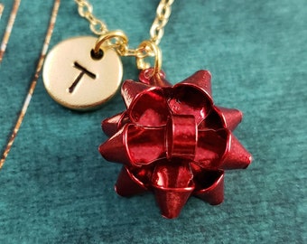 Gift Bow Necklace Christmas Jewelry SMALL Red Ribbon Charm Pendant Personalized Present Holiday Jewelry For Her Stocking Stuffer Under 20