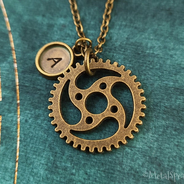 Gear Necklace SMALL Gear Charm Steampunk Necklace Cog Necklace Bronze Jewelry Gear Pendant Necklace Gift Personalized Initial Letter