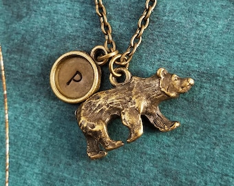 Bear Necklace SMALL Brown Bear Charm Necklace Bronze Necklace Bear Jewelry Bear Pendant Necklace Bear Gift Personalized Initial Necklace