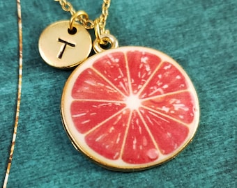 Grapefruit Necklace Citrus Fruit Jewelry Fruit Slice Food Charm Necklace Letter Pendant Monogram Initial Personalized Gift for Her Under 30