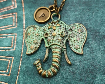 Elephant Necklace Elephant Pendant Necklace Blue Green Patina Elephant Charm Necklace Antiqued Elephant Jewelry Personalized Necklace Gift