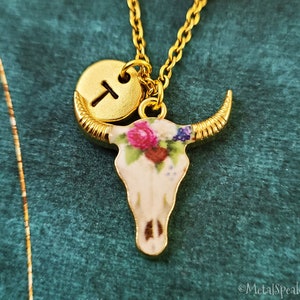 Bull Skull Necklace Steer Skull Jewelry Longhorn Necklace Boho Necklace Skull Charm Western Jewelry Boho Jewelry Flower Bull Skull Pendant