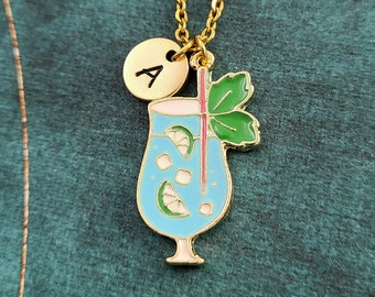 Cocktail Necklace Blue Mojito Necklace 21st Birthday Gift Bartender Jewelry Tropical Drink Charm Necklace Alcohol Jewelry Initial Pendant