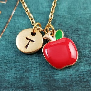 Apple Necklace Apple Jewelry Red Apple Charm Pendant Necklace Personalized Initial Letter Fruit Jewelry Teacher Gift for Her Graduation