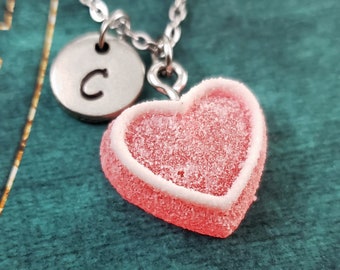 Candy Heart Necklace SMALL Pink Sugar Heart Charm Pendant Personalized Initial Engraved Womens Jewelry Valentine's Day Gift for Her Under 30