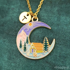 Cabin Necklace Moon Necklace Camping Jewelry SMALL Moon Charm Moon Pendant Necklace Personalized Necklace Initial Necklace Camping Gift