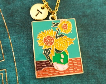 Sunflower Necklace Van Gogh Sunflowers Painting Necklace SMALL Yellow Sunflower Charm Necklace Flower Pendant Personalized Initial Art Gift