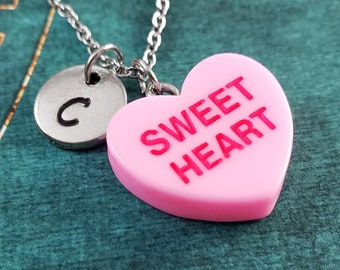 Conversation Heart Necklace SMALL Sweetheart Pink Candy Heart Charm Pendant Personalized Initial Engraved Valentine's Day Gift For Her