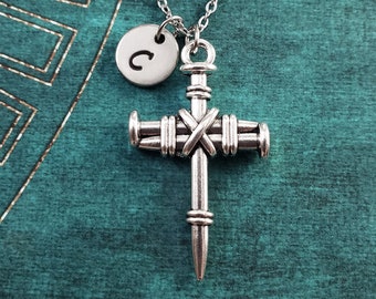 Cross Necklace Nail Cross Charm Necklace Christian Jewelry SMALL Cross Pendant Personalized Engraved Initial Faith Gift for Her Under 20