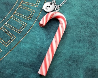 Candy Cane Necklace SMALL Candy Cane Pendant Peppermint Stick Charm Personalized Letter Christmas Jewelry Stocking Stuffer Gift Under 30