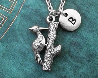 Woodpecker Necklace Bird Jewelry SMALL Wood Pecker Charm Custom Initial Pendant Necklace Personalized Gift for Her Women's Engraved Monogram