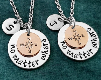 No Matter Where Necklace SET of 2 SMALL Charm Necklaces Compass Necklace Long Distance Relationship Couples Jewelry Best Friend Jewelry Gift