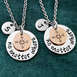 No Matter Where Necklace SET of 2 SMALL Charm Necklaces Compass Necklace Long Distance Relationship Couples Jewelry Best Friend Jewelry Gift