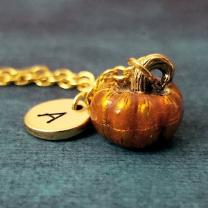 May include: A gold chain necklace with a small, orange pumpkin charm and a gold disc charm with the letter "A" engraved on it.