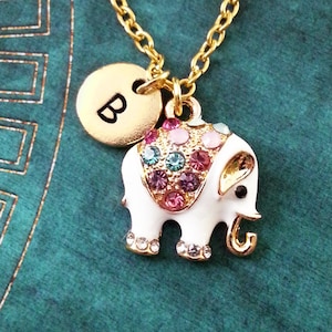 Elephant Necklace SMALL Jeweled Elephant Jewelry Personalized White Elephant Gift Crystal Elephant Pendant Indian Elephant Charm Necklace