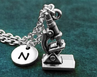Microscope Necklace SMALL Microscope Charm Necklace Scientist Necklace Biologist Necklace Science Jewelry Personalized Initial Pendant Gift