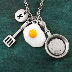 Egg Necklace SMALL Fried Egg Charm Necklace Frying Pan Necklace Spatula Pendant Necklace Breakfast Jewelry Personalized Necklace Initial