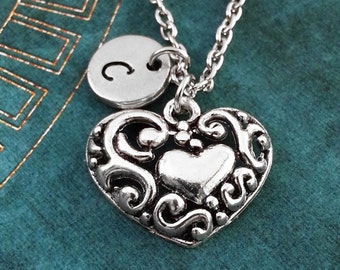 Heart Necklace Bronze Ornamental Heart Jewelry Valentine's - Etsy