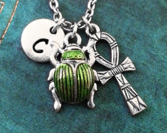 Scarab Necklace SMALL Ankh Necklace Personalized Necklace Egyptian Jewelry Egyptian Necklace Green Scarab Beetle Necklace Ankh Jewelry