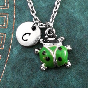 Ladybug Necklace, VERY SMALL Green Lady Bug Necklace, Personalized Necklace, Insect Necklace Monogram Necklace Bug Jewelry Ladybird Necklace