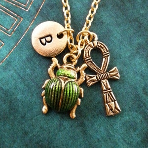Ankh Necklace VERY SMALL Green Scarab Necklace Personalized Jewelry Egyptian Jewelry Egyptian Necklace Beetle Necklace Gold Pendant Necklace