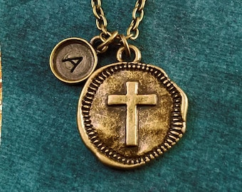 Cross Necklace SMALL Bronze Cross Charm Necklace Coin Necklace Christian Jewelry Wax Seal Medallion Necklace Cross Pendant Necklace Brass