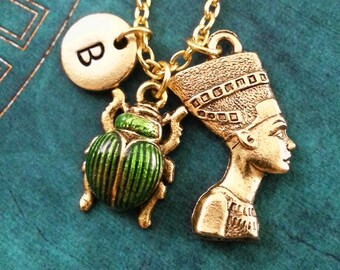 Nefertiti Necklace SMALL Scarab Necklace Personalized Jewelry Egyptian Jewelry Egyptian Necklace Green Beetle Necklace Gold Pendant Necklace