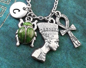 Nefertiti Necklace SMALL Ankh Necklace Personalized Necklace Egyptian Jewelry Egyptian Necklace Green Scarab Necklace Scarab Beetle Necklace