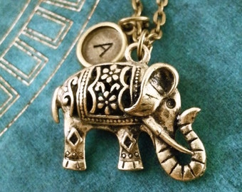 Elephant Necklace Indian Elephant Pendant Personalized Necklace Brass Elephant Jewelry Monogram Necklace Filigree Elephant Charm Necklace