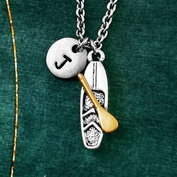 Paddle Board Necklace SMALL Paddle Board Charm Necklace Paddleboarding Gift Paddleboarder Beach Jewelry Personalized Initial Necklace Letter