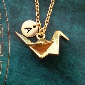 Paper Crane Necklace Paper Crane Jewelry Origami Necklace Initial Necklace Crane Charm Necklace Japanese Crane Pendant Origami Jewelry Gift