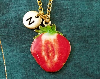 Fraise Collier Fraise Bijoux Fraise Tranche Fruit Charme Collier Pendentif Collier Initiale Collier Personnalisé Bijoux Cadeau