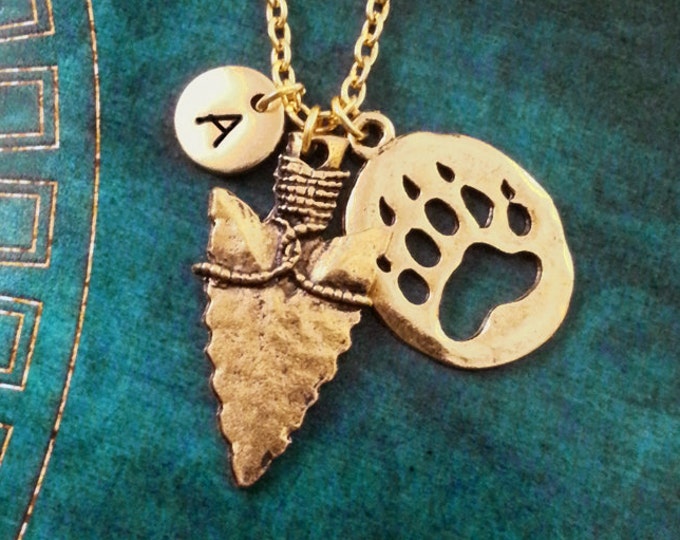 Bear Claw Necklace Personalized Jewelry Arrowhead Necklace Hunting Gift Paw Print Pendant Native American Jewelry Bear Arrow Charm Jewelry