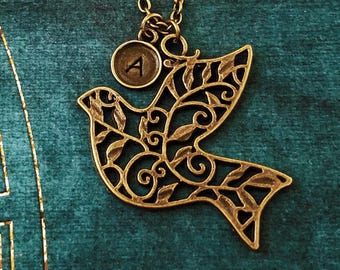 Bird Necklace Bronze Bird Charm Necklace Filigree Bird Pendant Necklace Personalized Necklace Initial Necklace Letter Necklace Monogram Gift