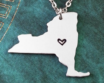 New York Necklace Personalized Jewelry Hand Stamped Long Distance Relationship Girlfriend Gift Couples Necklace Heart Map State Necklace