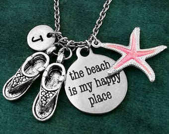 The Beach Is My Happy Place Necklace SMALL Beach Necklace Beach Jewelry Sandals Necklace Flip Flops Charm Necklace Pink Starfish Necklace