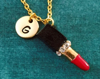 Lipstick Necklace SMALL Lipstick Charm Red Lipstick Pendant Necklace Lipstick Jewelry Bridesmaid Gift Personalized Necklace Initial Necklace